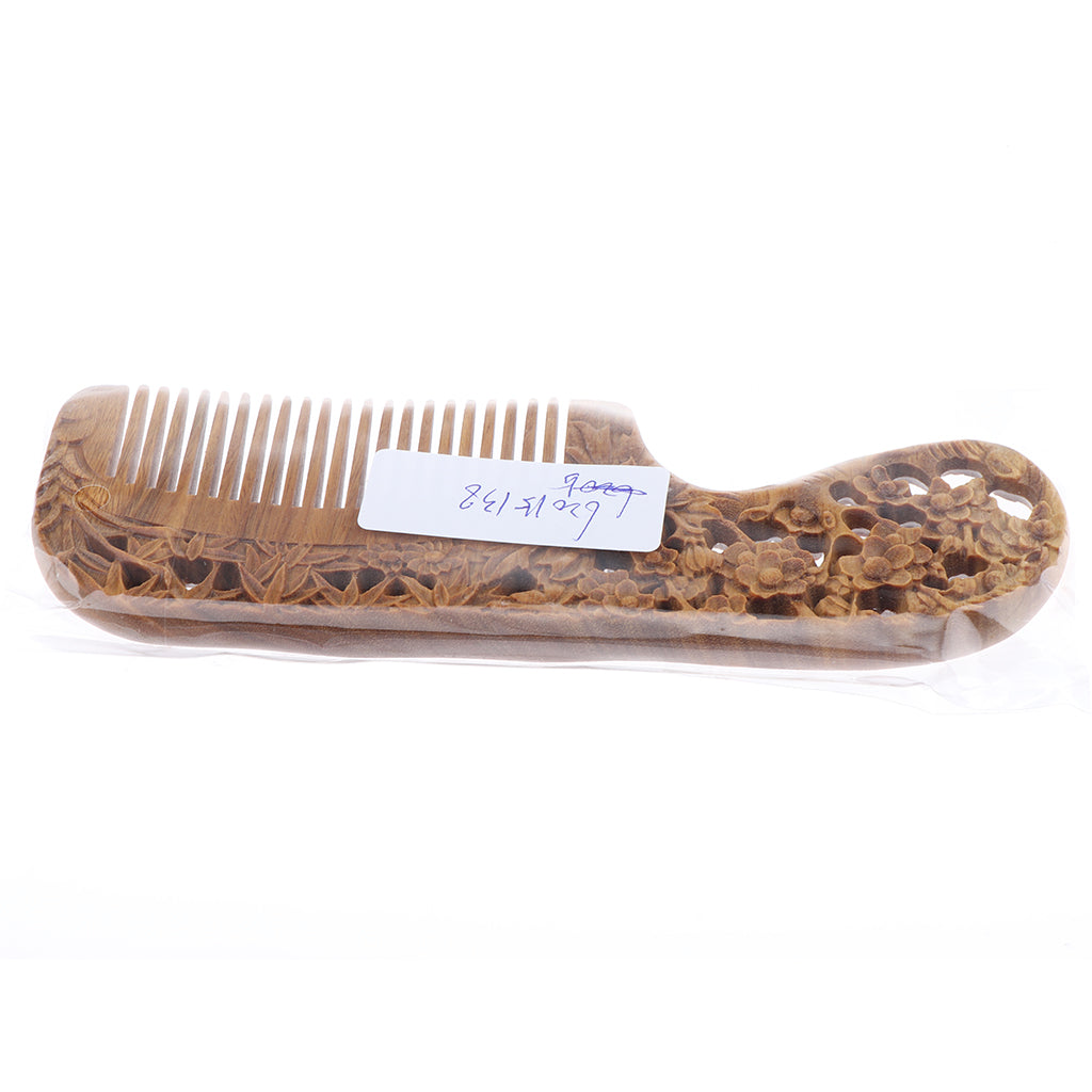 Hand Carved Sandalwood Wooden Beard and Hair Comb With Handle Handmade Natural Anti-Static No Snag Scalp Massage