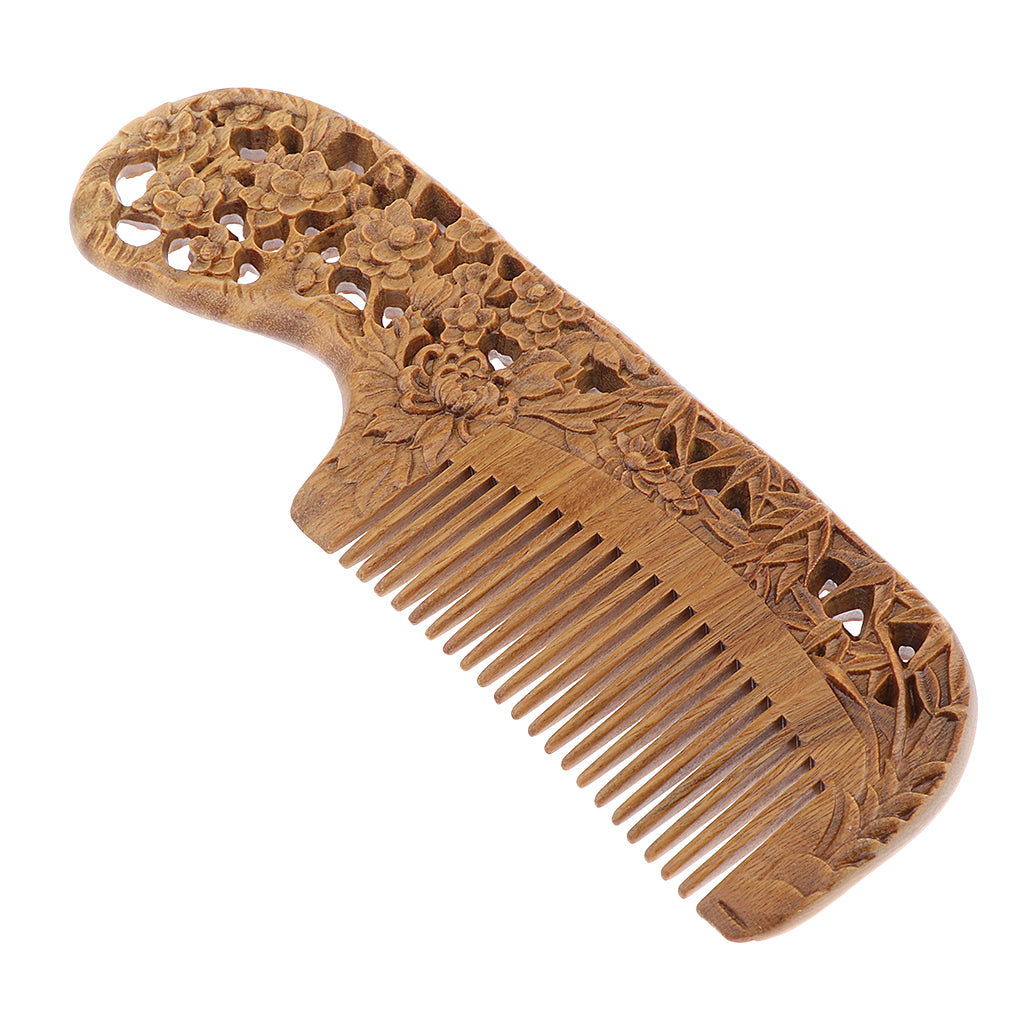 Hand Carved Sandalwood Wooden Beard and Hair Comb With Handle Handmade Natural Anti-Static No Snag Scalp Massage