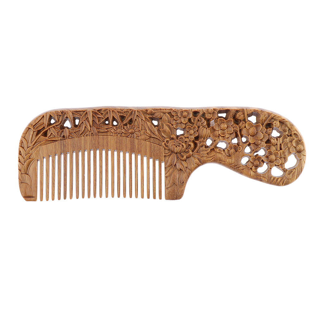 Hand Carved Sandalwood Wooden Beard and Hair Comb With Handle Handmade Natural Anti-Static No Snag Scalp Massage