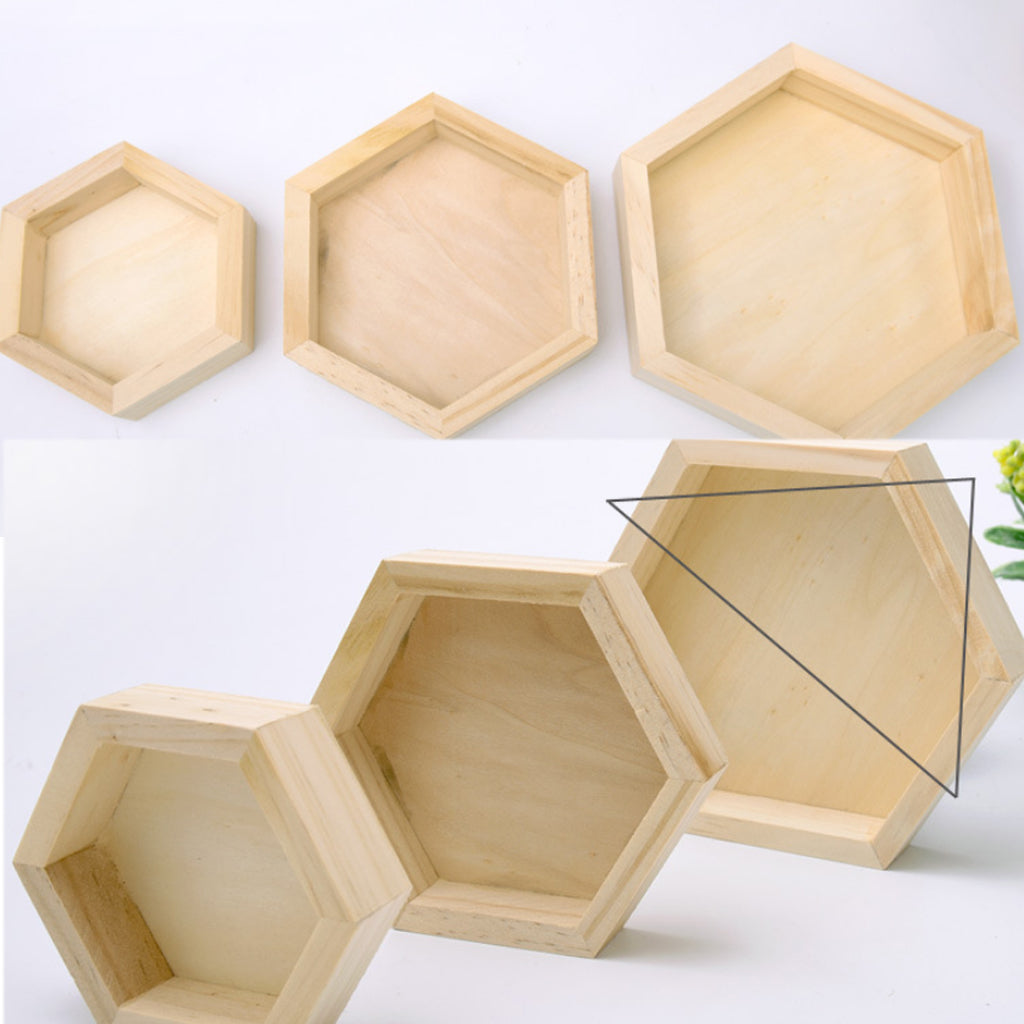 3 Pieces Wooden Hexagon Shape Necklace Jewelry Display Tray Showcase L/M/S Size