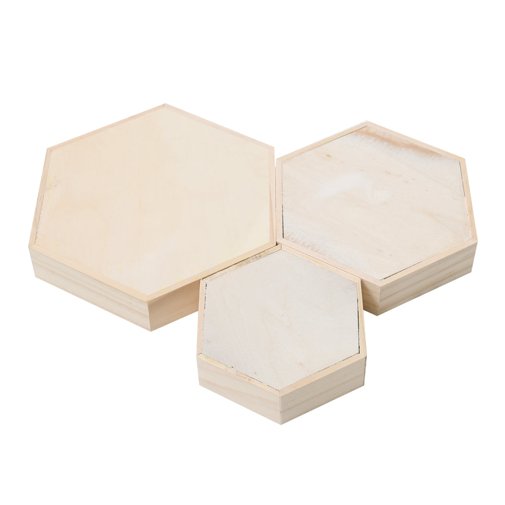 3 Pieces Wooden Hexagon Shape Necklace Jewelry Display Tray Showcase L/M/S Size