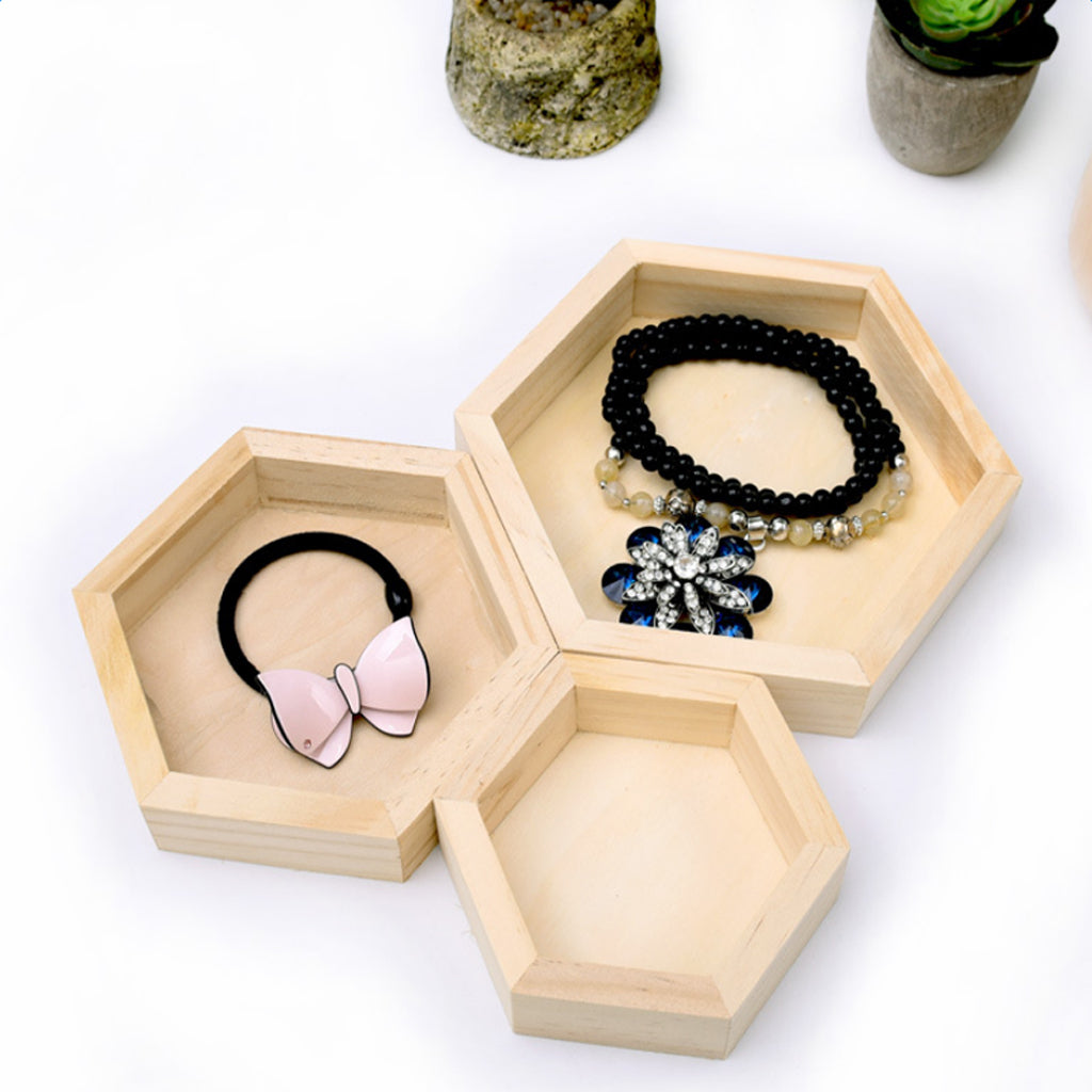 3 Pieces Wooden Hexagon Shape Necklace Jewelry Display Tray Showcase L/M/S Size