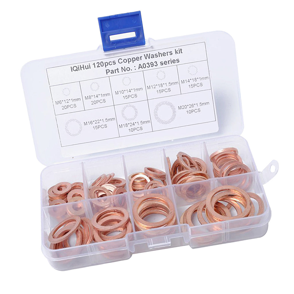 120 Pieces 8 Sizes Copper Washers Flat Ring Sump Plug Oil Seal Gasket Fittings