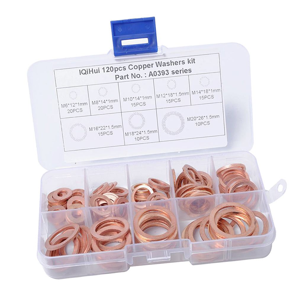 120 Pieces 8 Sizes Copper Washers Flat Ring Sump Plug Oil Seal Gasket Fittings