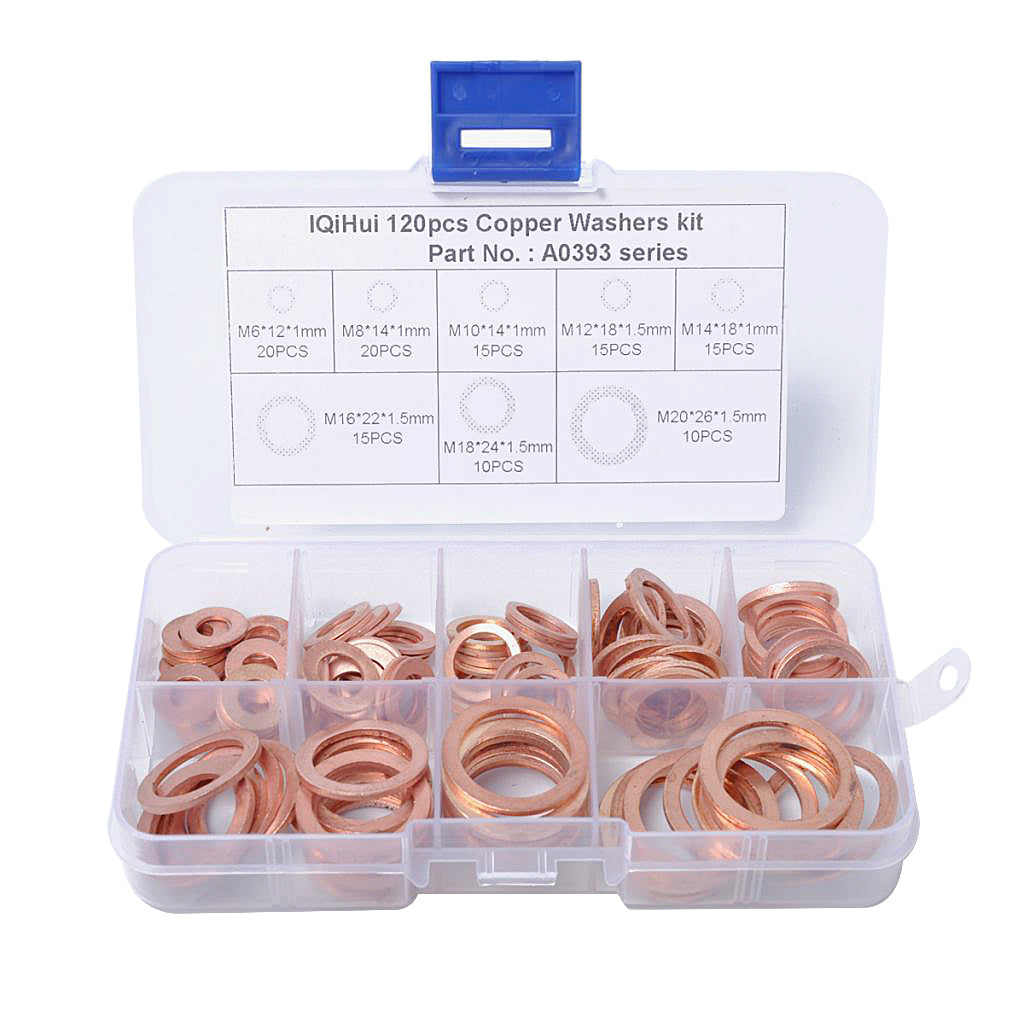 120 Pieces 8 Sizes Copper Washers Flat Ring Sump Plug Oil Seal Gasket Fittings