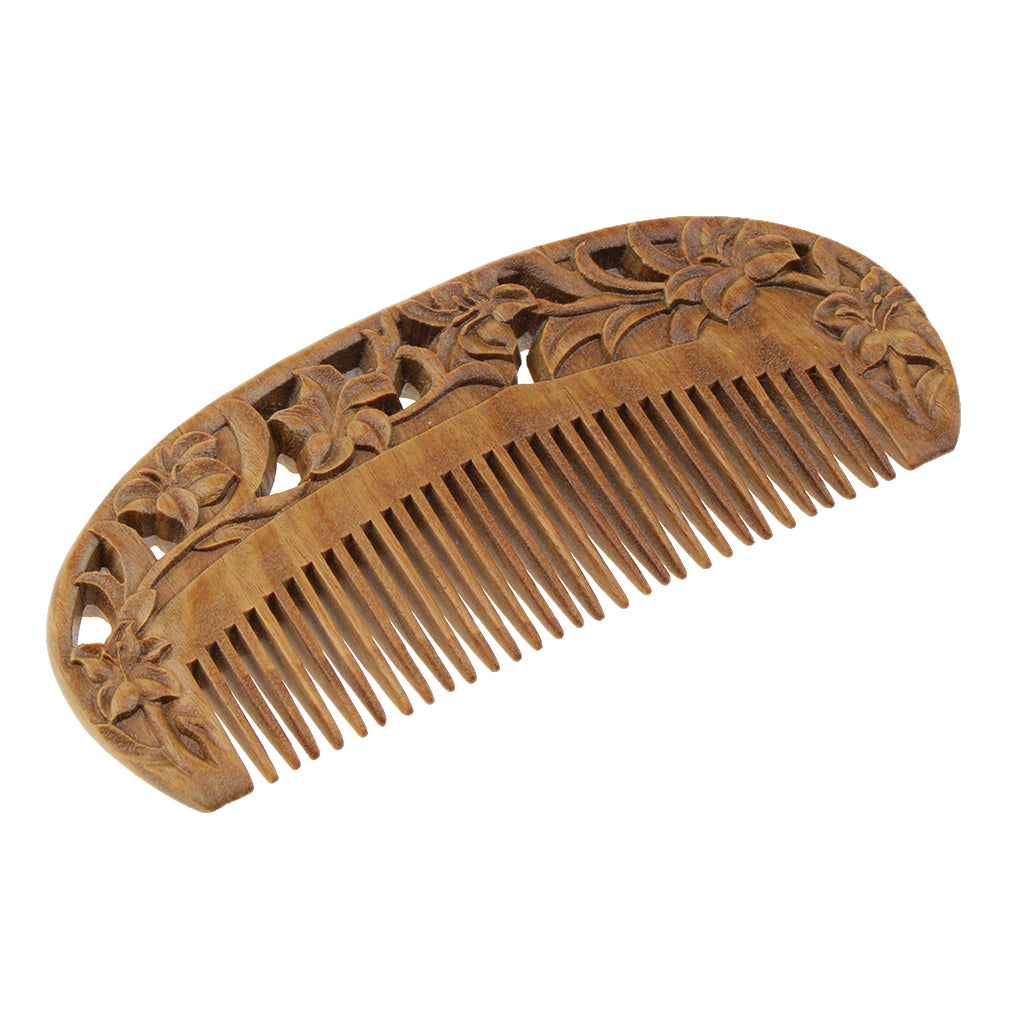 Lily Flowers Engraved Handcraft Hair Comb Sandalwood Fine Tooth Comb - No Static Natural Aroma Wood Comb for Women and Girls