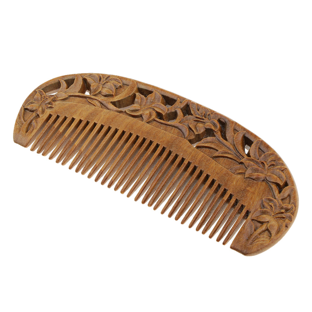 Lily Flowers Engraved Handcraft Hair Comb Sandalwood Fine Tooth Comb - No Static Natural Aroma Wood Comb for Women and Girls