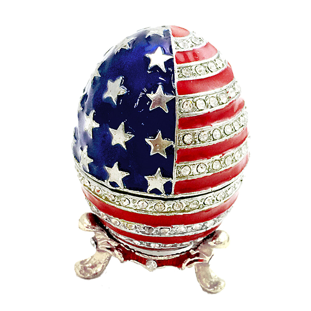 Vintage Rhinestones Stars And Stripes Egg Shaped Enamel Trinket Jewelry Box Ring Holder