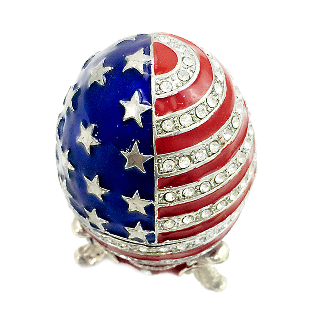 Vintage Rhinestones Stars And Stripes Egg Shaped Enamel Trinket Jewelry Box Ring Holder