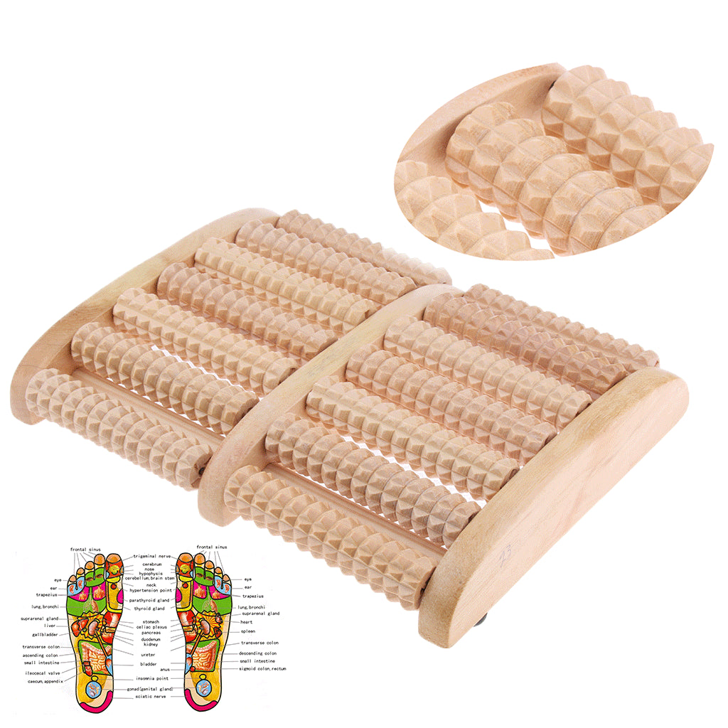 Wooden Dual Foot Massager Roller - Relieve Plantar Fasciitis & Foot / Heel Pain, Reduces Stress - Acupressure & Reflexology Tool