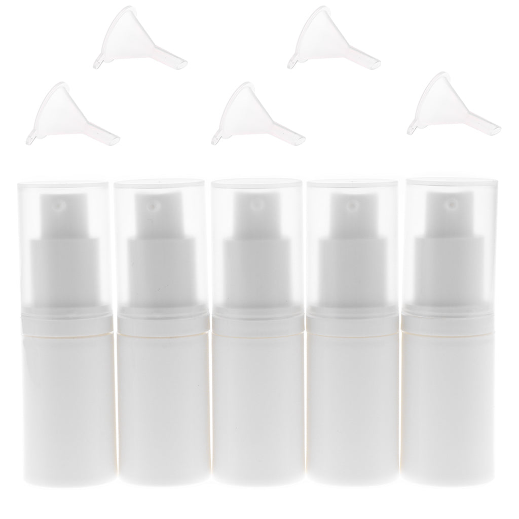 5 Pack Airless Pump Bottles- Empty Portable Cream Lotion Toner Cosmetic Toiletries Liquid Storage Containers Jar Pots with 5pcs Funnels (White) (15ml)