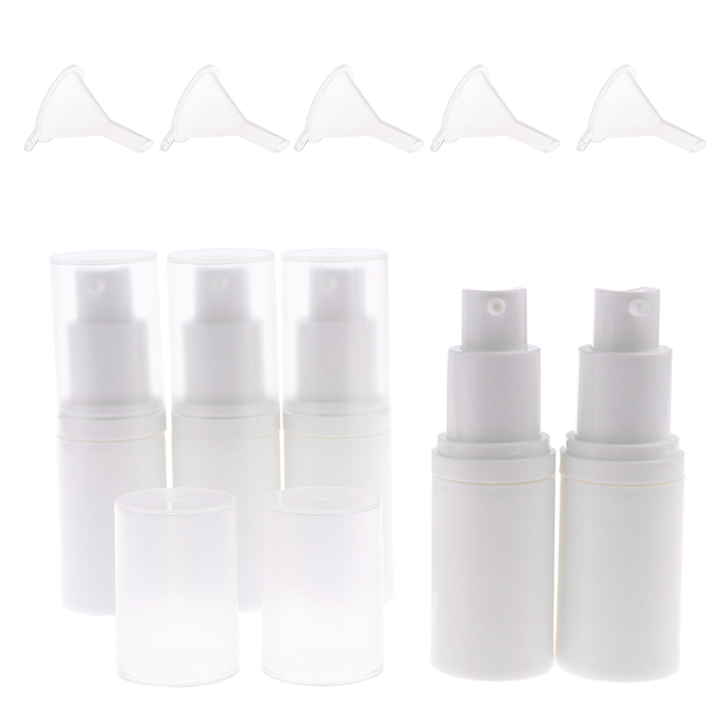 5 Pack Airless Pump Bottles- Empty Portable Cream Lotion Toner Cosmetic Toiletries Liquid Storage Containers Jar Pots with 5pcs Funnels (White) (15ml)