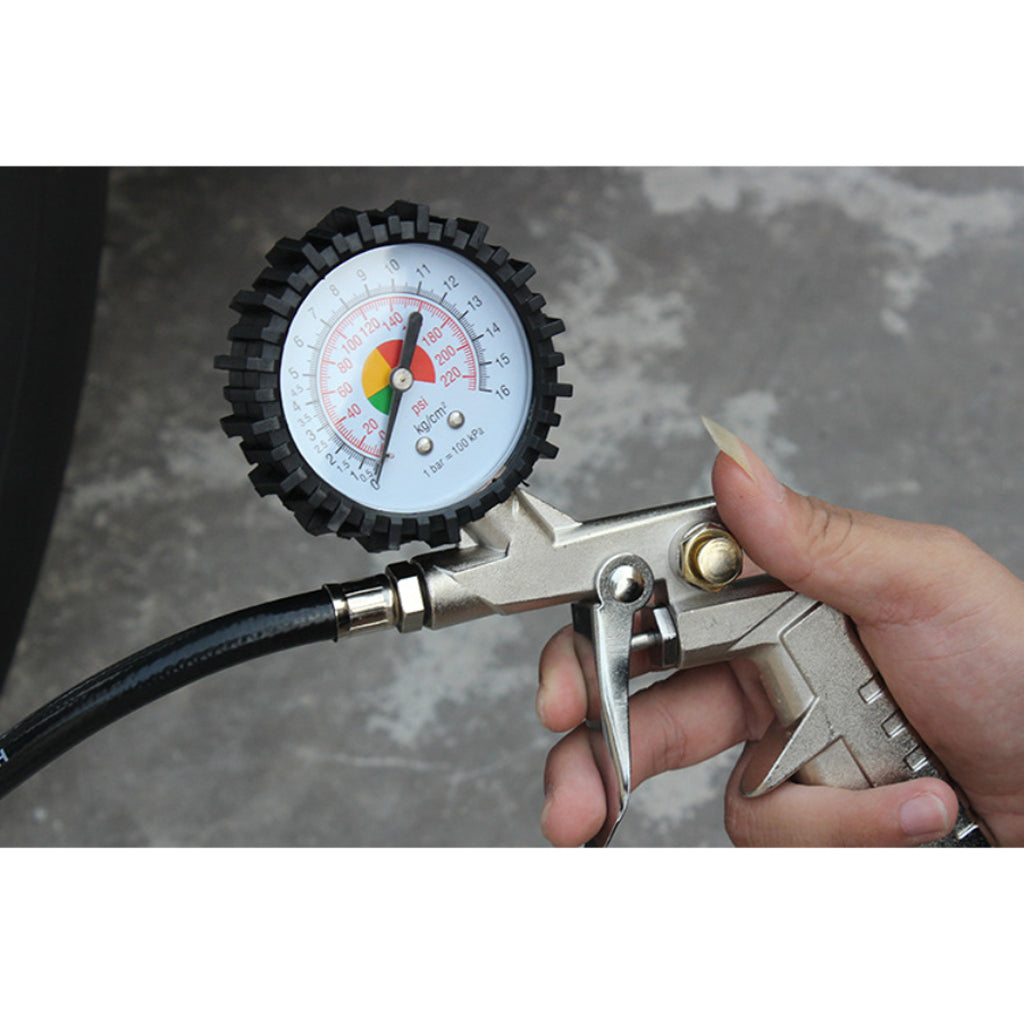 New 0-220PSI 0–16Bar Portable Car Motorcycle Inflator Gun w/ Tire Pressure Gauge