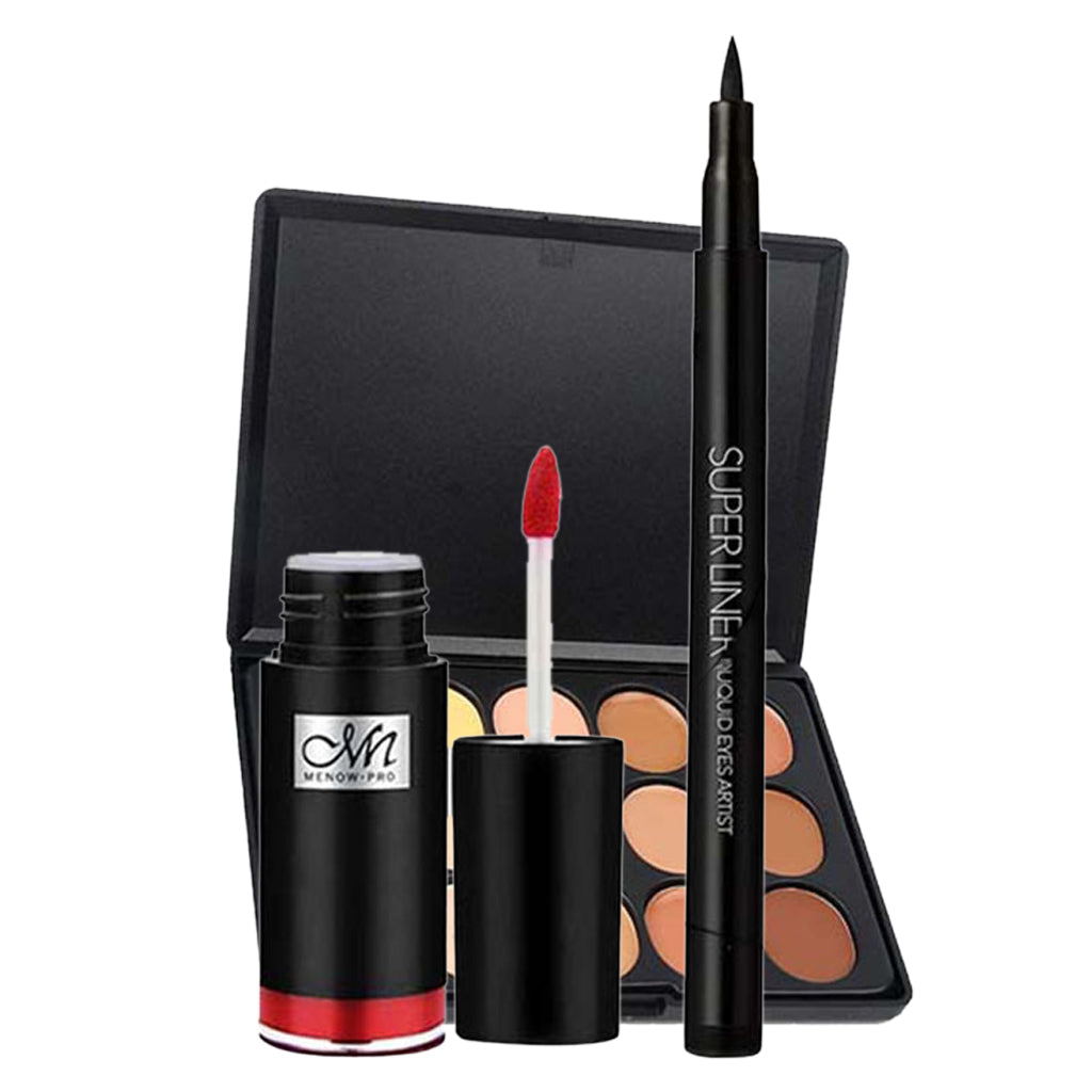 15 Color Waterproof Concealer Contouring Palette & Shimmer Lip Gloss Lipstick & Black Liquid Eyeliner Pen, Eye Lip Makeup Set