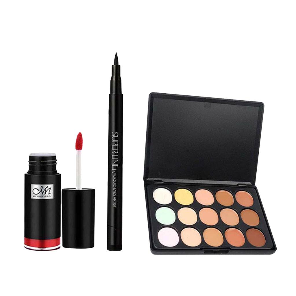 15 Color Waterproof Concealer Contouring Palette & Shimmer Lip Gloss Lipstick & Black Liquid Eyeliner Pen, Eye Lip Makeup Set