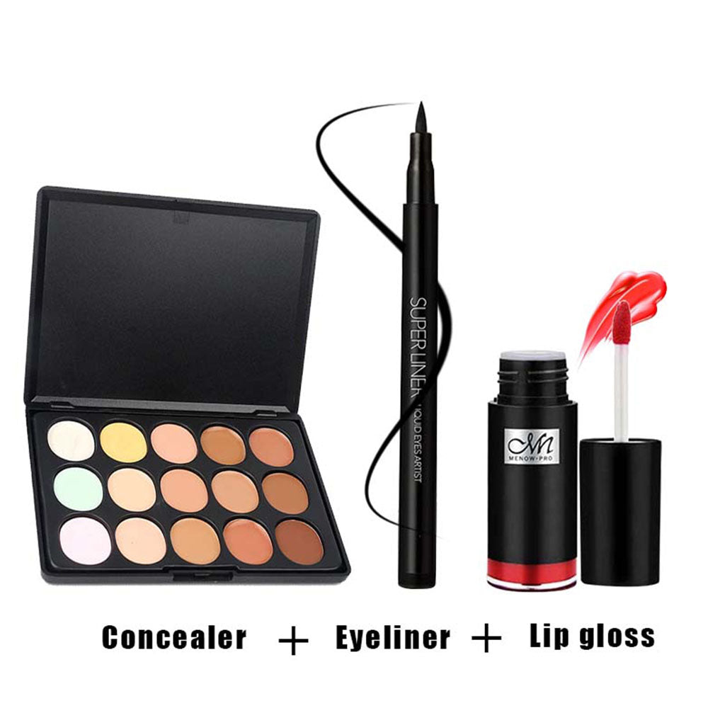 15 Color Waterproof Concealer Contouring Palette & Shimmer Lip Gloss Lipstick & Black Liquid Eyeliner Pen, Eye Lip Makeup Set