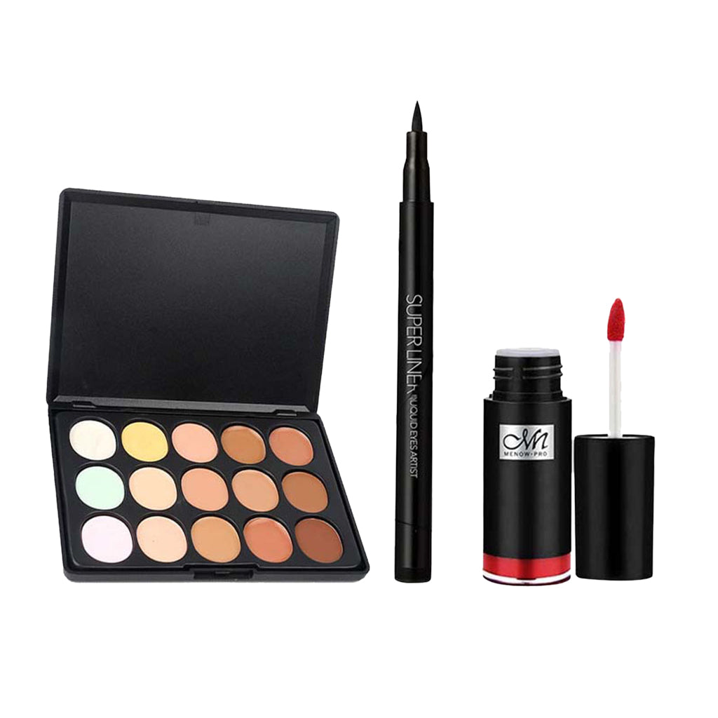 15 Color Waterproof Concealer Contouring Palette & Shimmer Lip Gloss Lipstick & Black Liquid Eyeliner Pen, Eye Lip Makeup Set