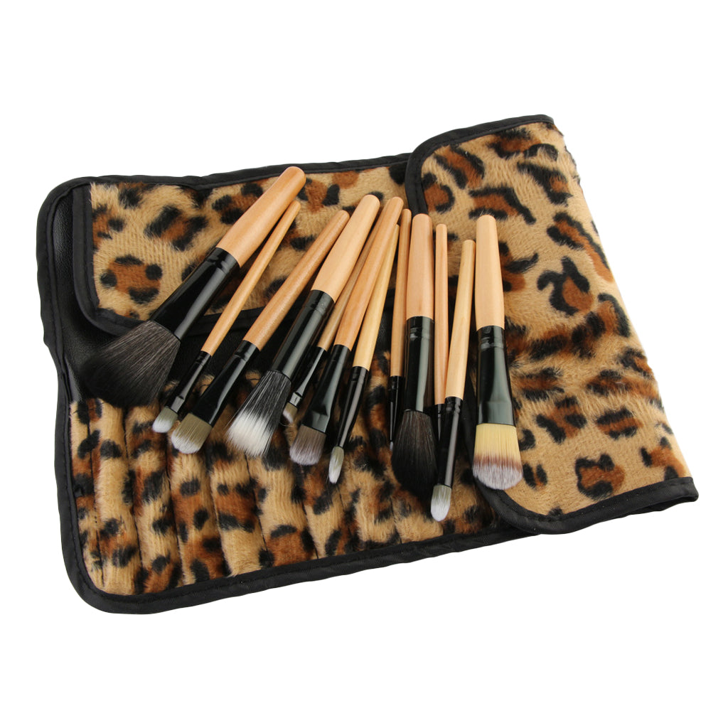 12 PCS Pro Makeup Brush Set Cosmetic Tool with Leopard Bag Beauty Face Eye Lip Brushes Kit