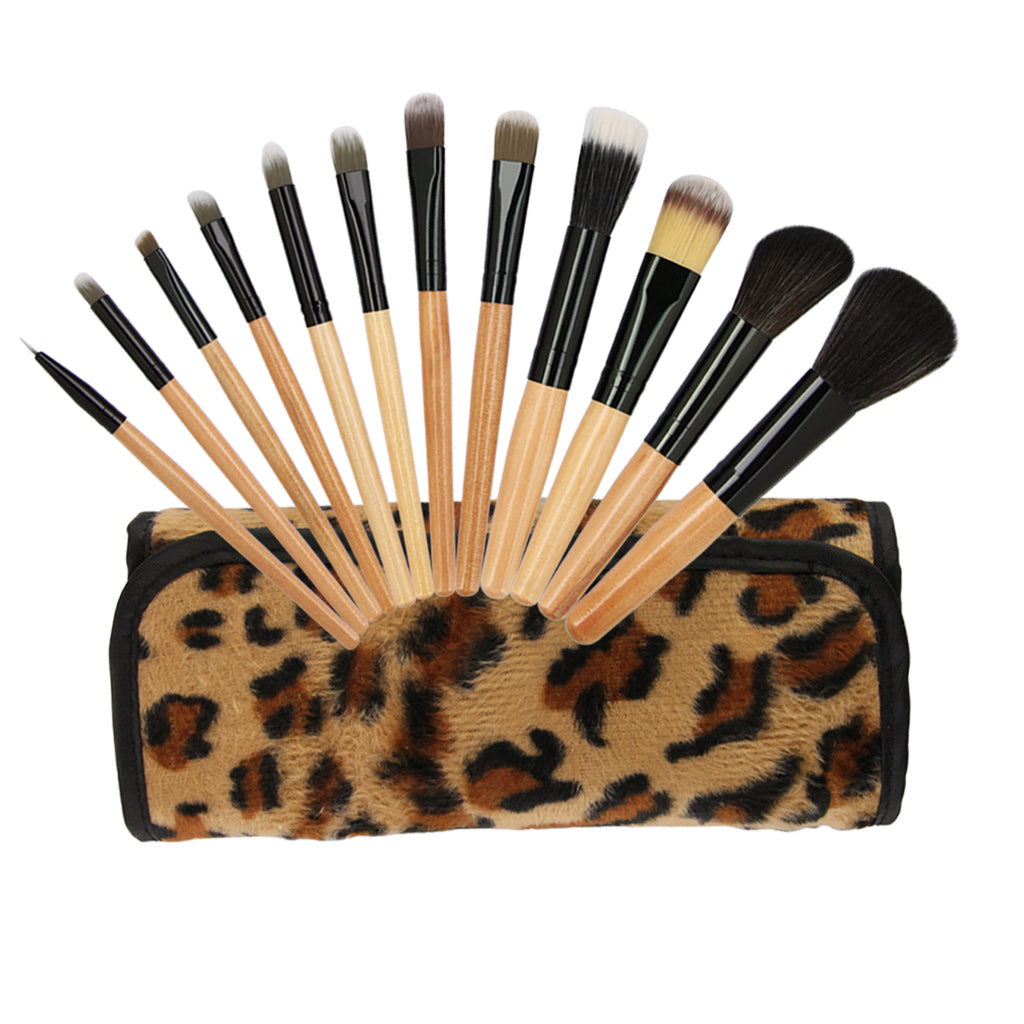 12 PCS Pro Makeup Brush Set Cosmetic Tool with Leopard Bag Beauty Face Eye Lip Brushes Kit