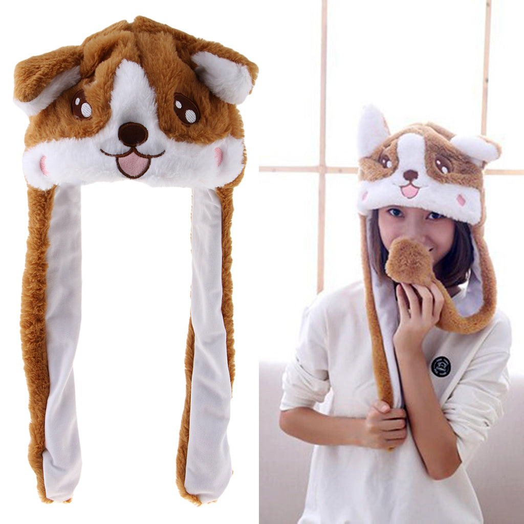 Lovely Plush Corgi Pinching Dog Ear Hat Can Move Birthday Holiday Cap Fancy Dress Toy Gifts