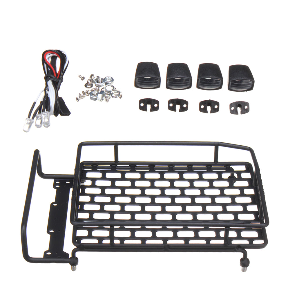 Luggage Roof Rack with 4 LED Light Bar for 1:10th RC Vehicles Rock Crawler Rally