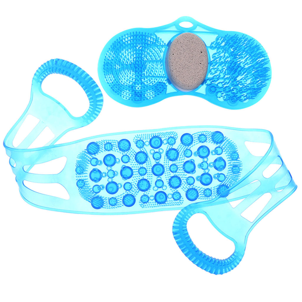 Shower Back Scrubber Massager & Foot Exfoliating Cleaner Tool Set For Men Women - Blue