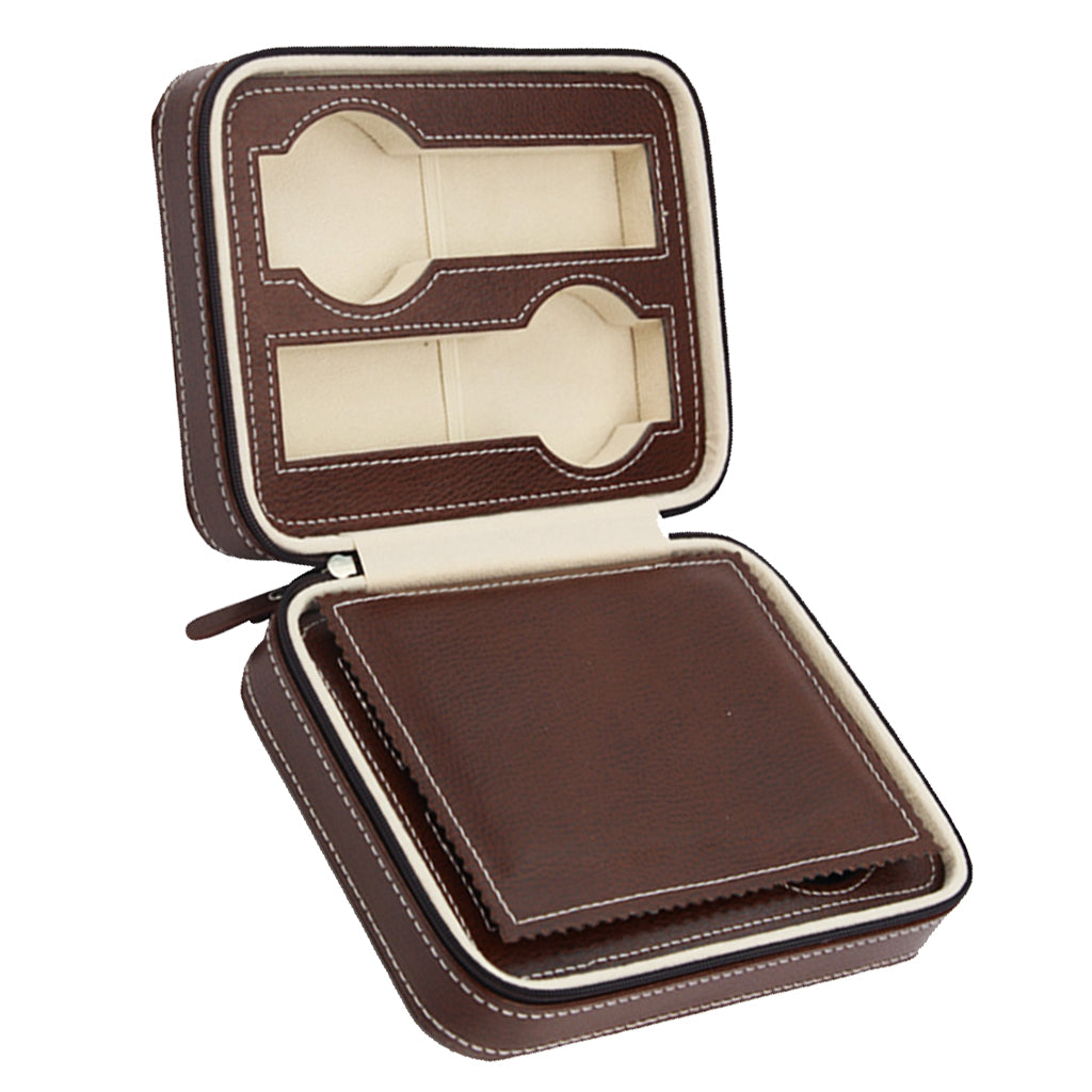 4 Slots Genuine Leather Watch Travel Case Collector Storage Zipper Box Brown