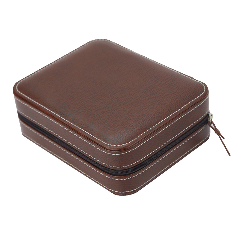 4 Slots Genuine Leather Watch Travel Case Collector Storage Zipper Box Brown