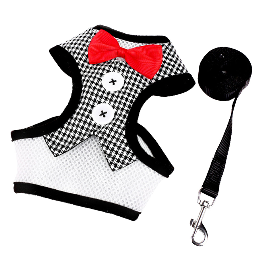 Adjustable Dog Harness Traction Rope Dog Vest Clothes Black White Grid