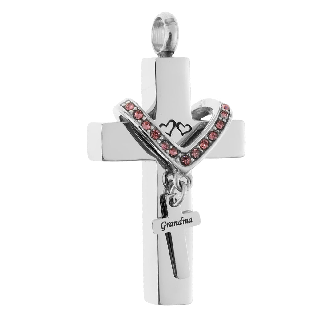 Double Cross with Crystal Stainless Steel Cremation Family Keepsake Grandma