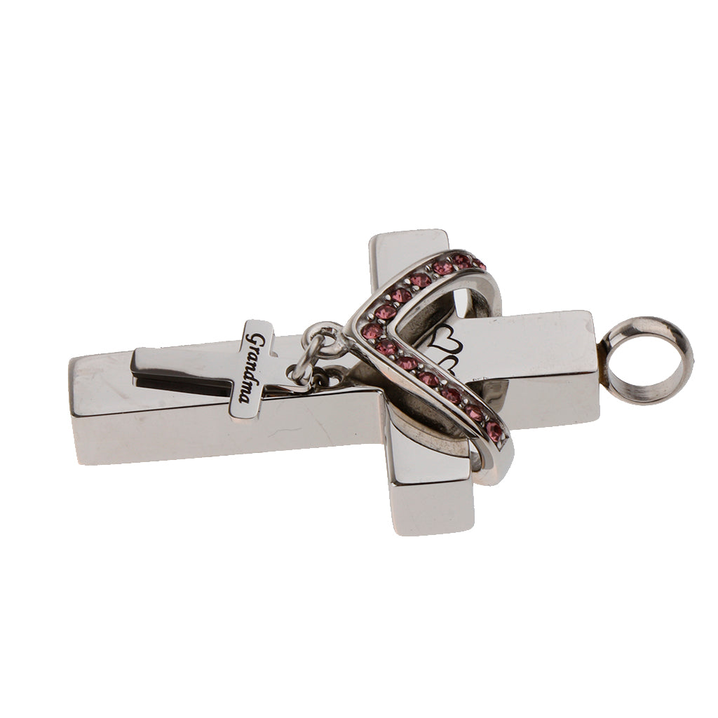 Double Cross with Crystal Stainless Steel Cremation Family Keepsake Grandma