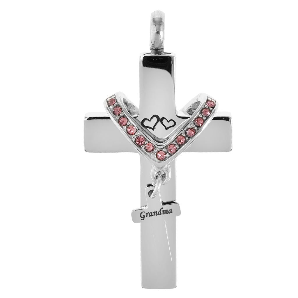 Double Cross with Crystal Stainless Steel Cremation Family Keepsake Grandma