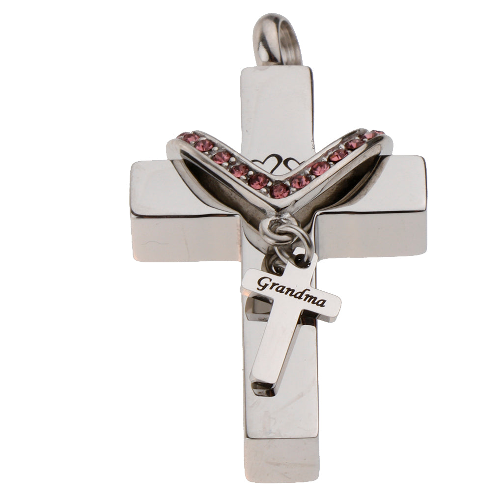 Double Cross with Crystal Stainless Steel Cremation Family Keepsake Grandma