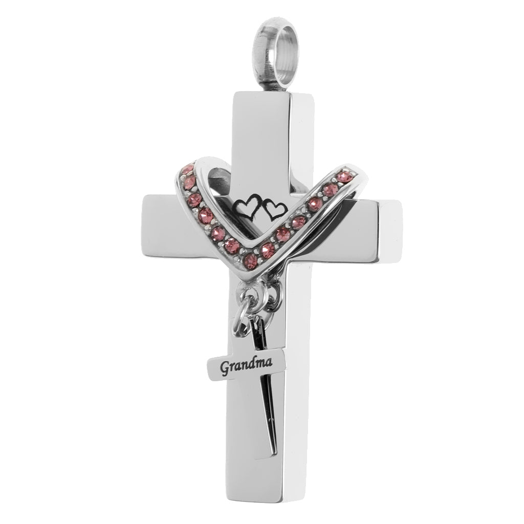 Double Cross with Crystal Stainless Steel Cremation Family Keepsake Grandma