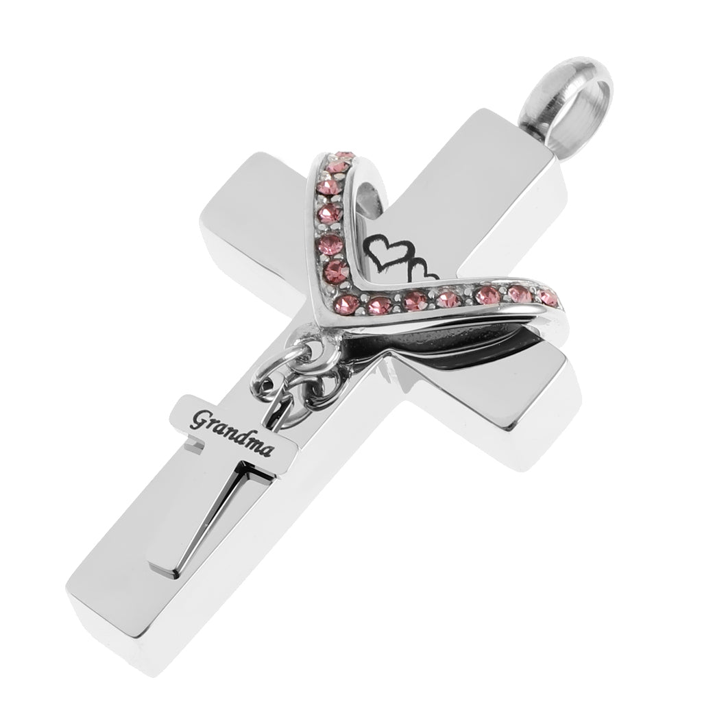 Double Cross with Crystal Stainless Steel Cremation Family Keepsake Grandma