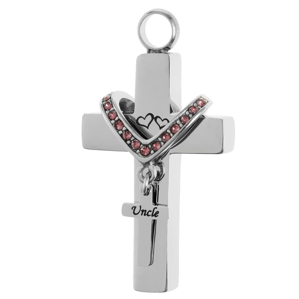 Double Cross with Crystal Stainless Steel Cremation Family Keepsake Uncle