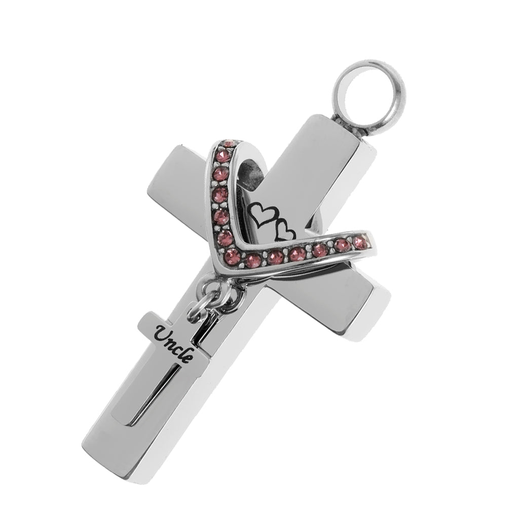 Double Cross with Crystal Stainless Steel Cremation Family Keepsake Uncle