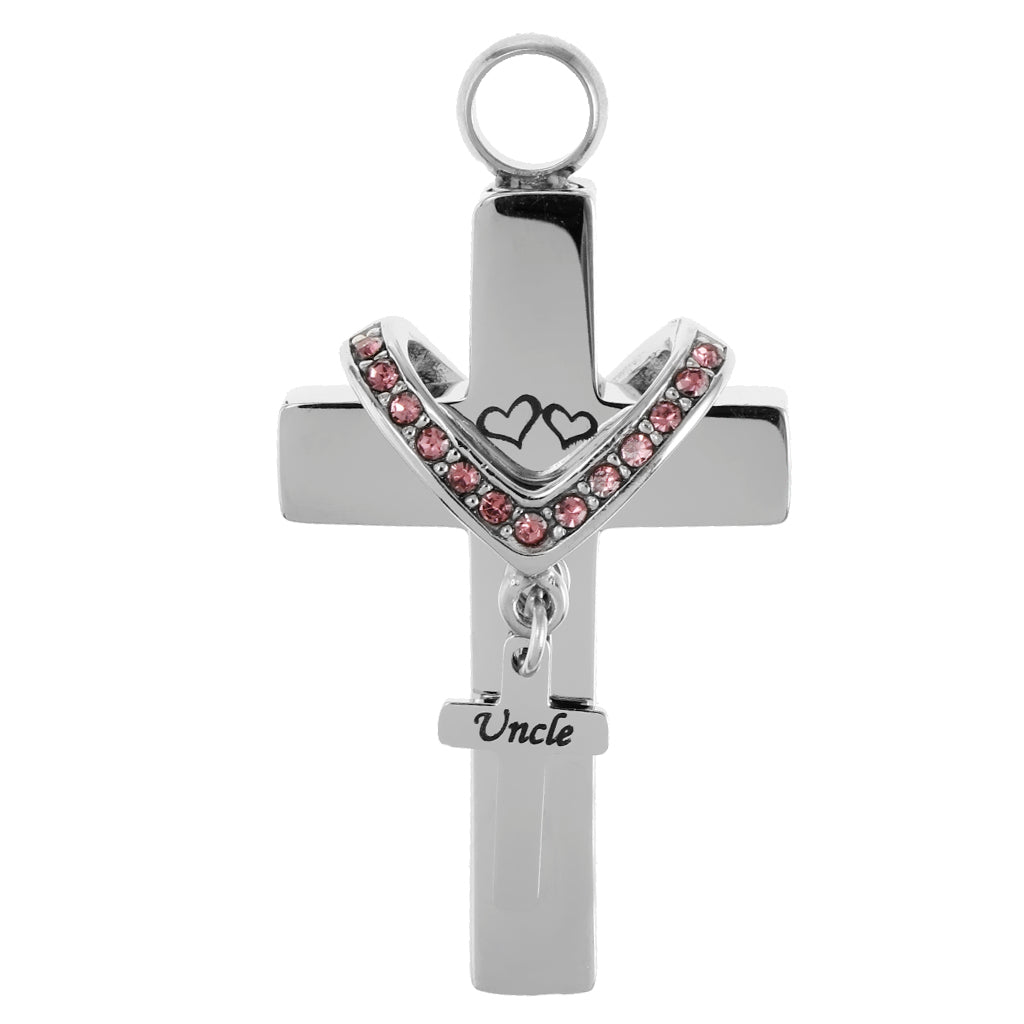 Double Cross with Crystal Stainless Steel Cremation Family Keepsake Uncle