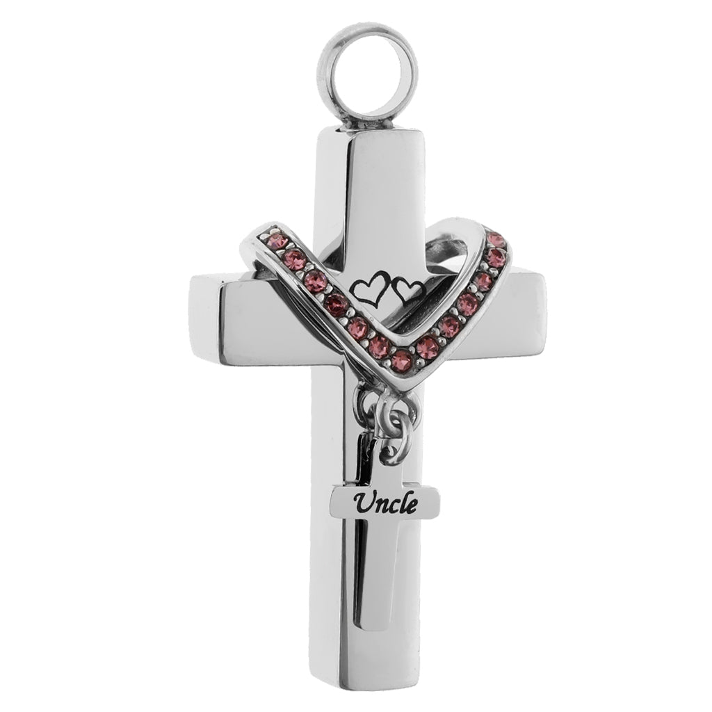 Double Cross with Crystal Stainless Steel Cremation Family Keepsake Uncle