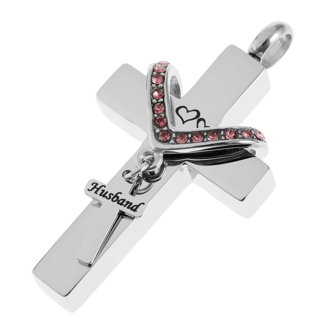 Double Cross with Crystal Stainless Steel Cremation Family Keepsake Husband