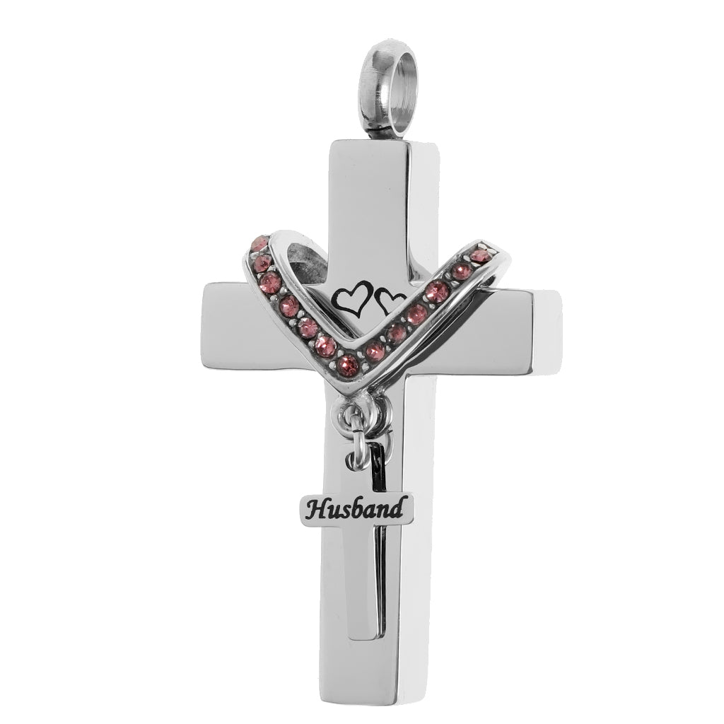 Double Cross with Crystal Stainless Steel Cremation Family Keepsake Husband