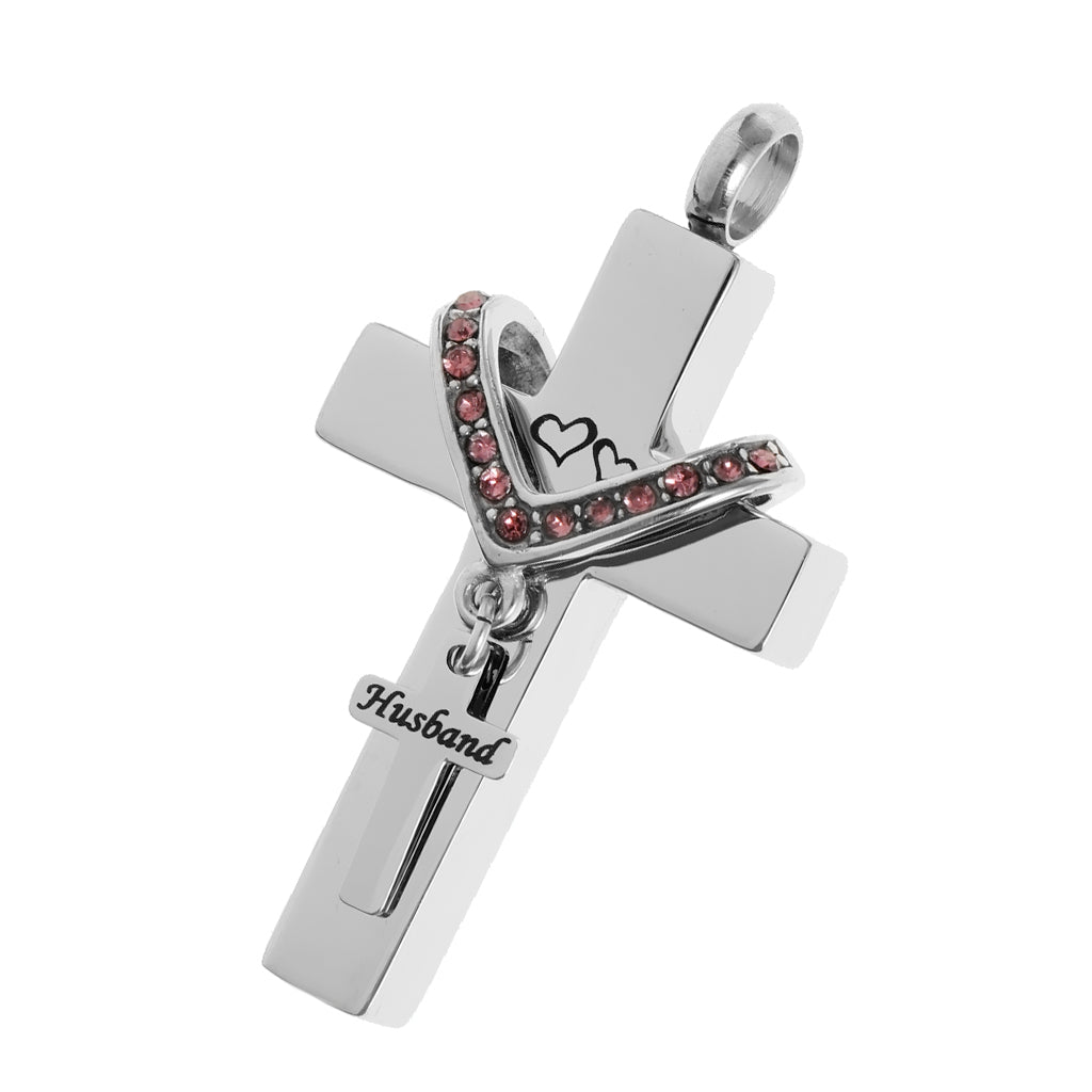 Double Cross with Crystal Stainless Steel Cremation Family Keepsake Husband