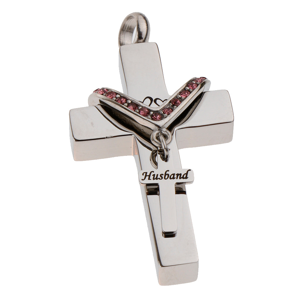 Double Cross with Crystal Stainless Steel Cremation Family Keepsake Husband