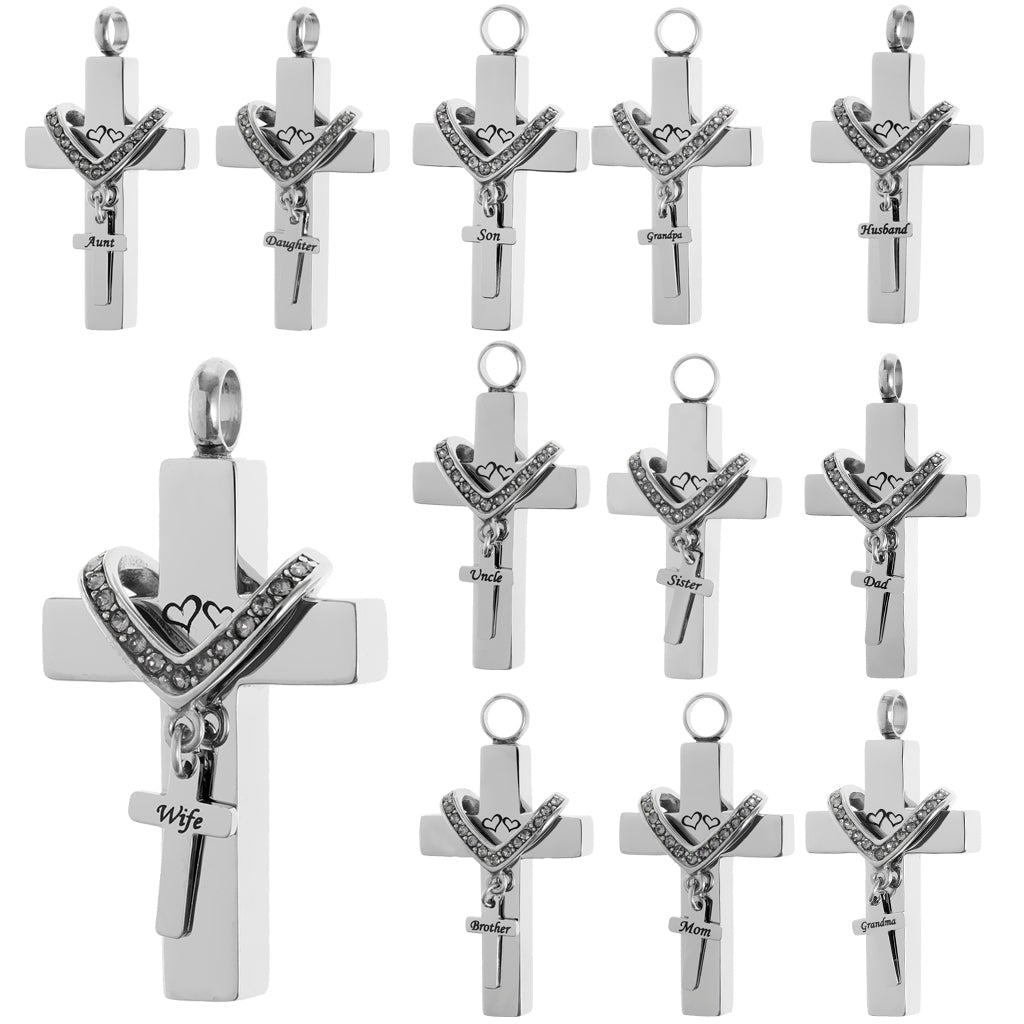 Cross Crystal Stainless Steel Urn Cremation Family Keepsake Pendant Dad