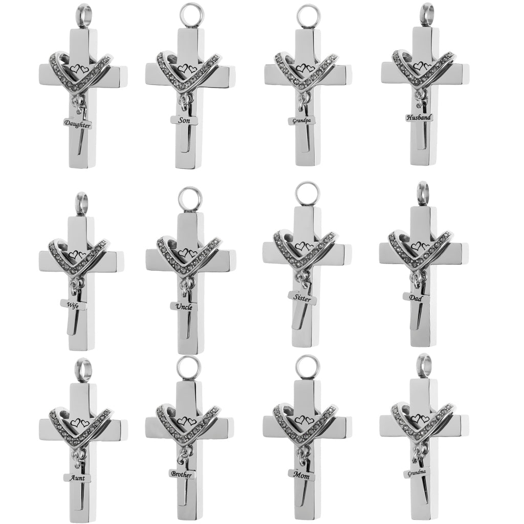 Cross Crystal Stainless Steel Urn Cremation Family Keepsake Pendant Dad