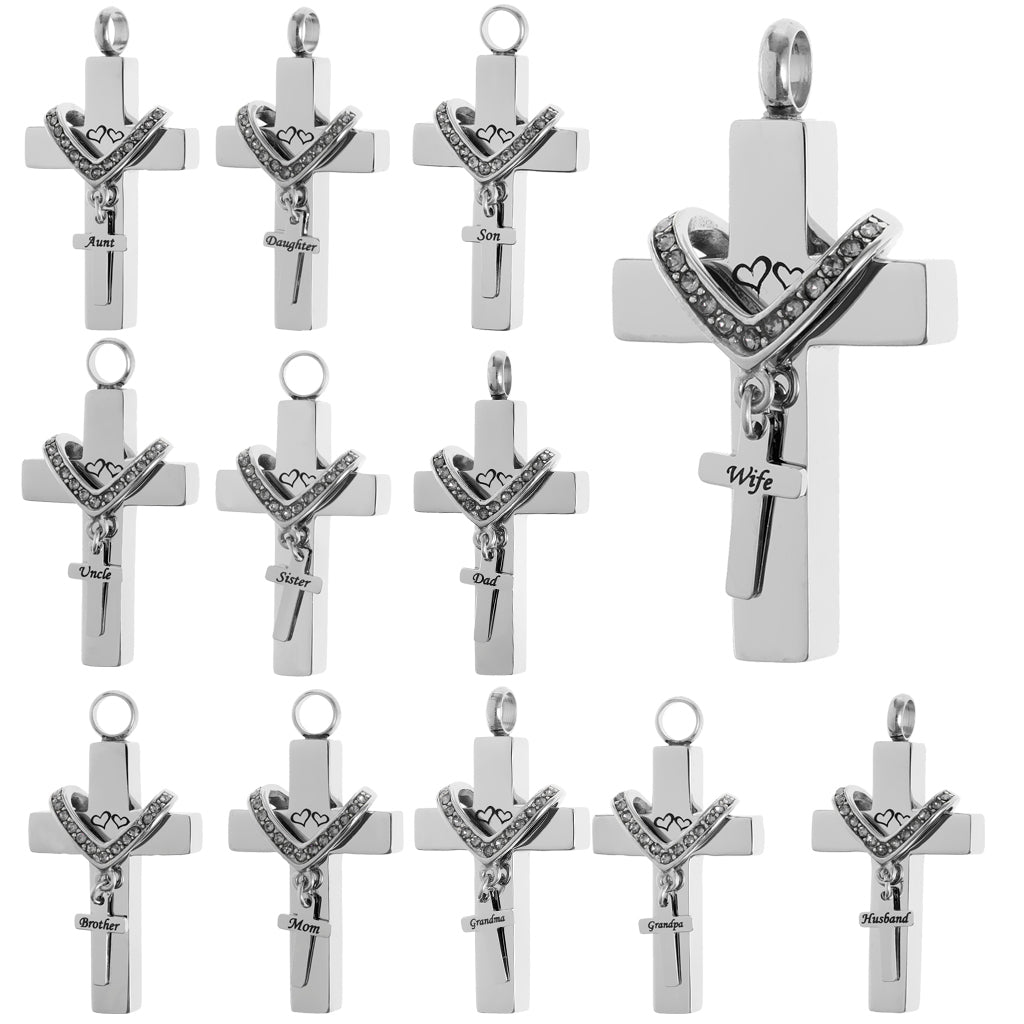 Cross Crystal Stainless Steel Urn Cremation Family Keepsake Pendant Dad