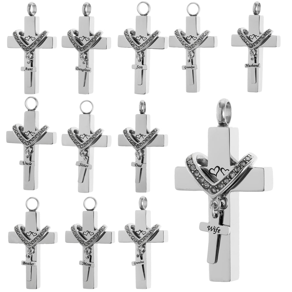 Cross Crystal Stainless Steel Urn Cremation Family Keepsake Pendant Dad