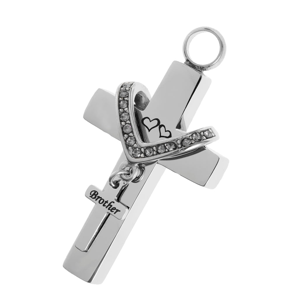 Cross Crystal Stainless Steel Urn Cremation Family Keepsake Pendant Brother