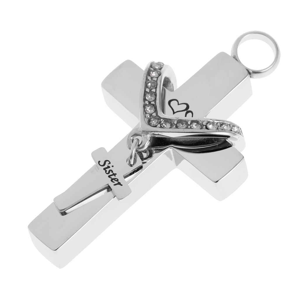 Cross Crystal Stainless Steel Urn Cremation Family Keepsake Pendant Sister