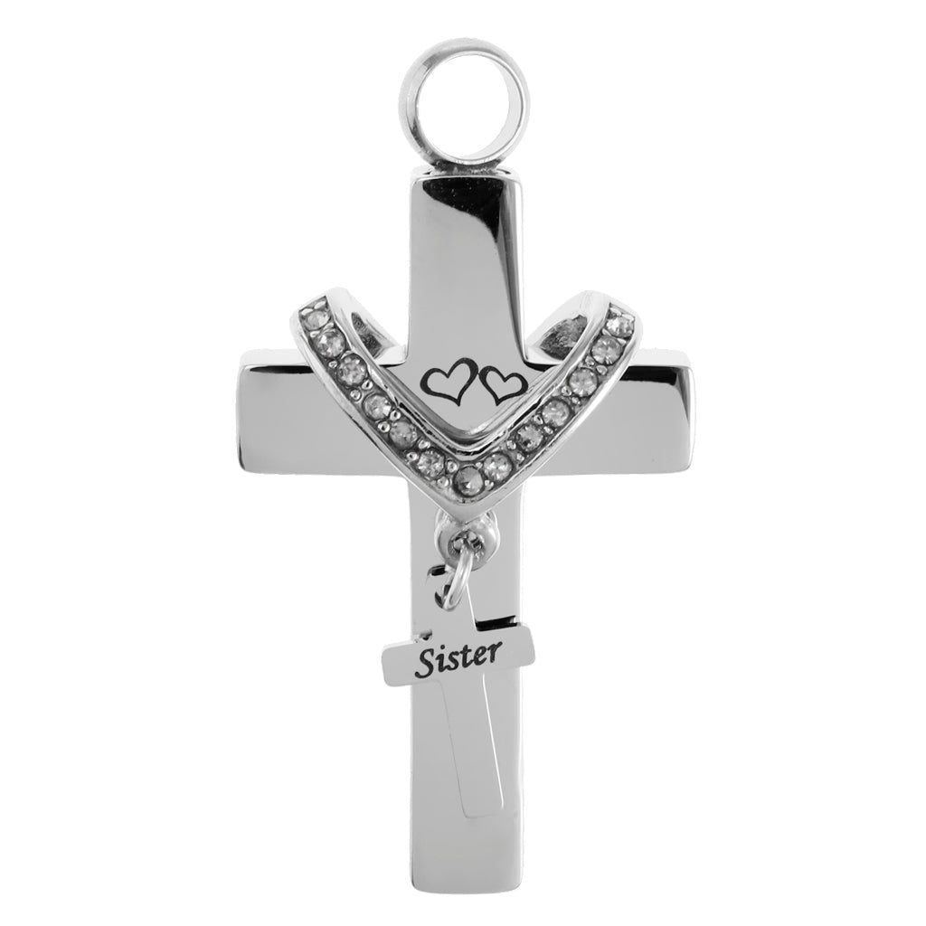 Cross Crystal Stainless Steel Urn Cremation Family Keepsake Pendant Sister